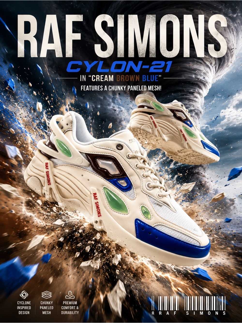 New!🔥Raf Simons Cylon-21 in "Cream Brown Blue" features a chunky paneled mesh!🔥